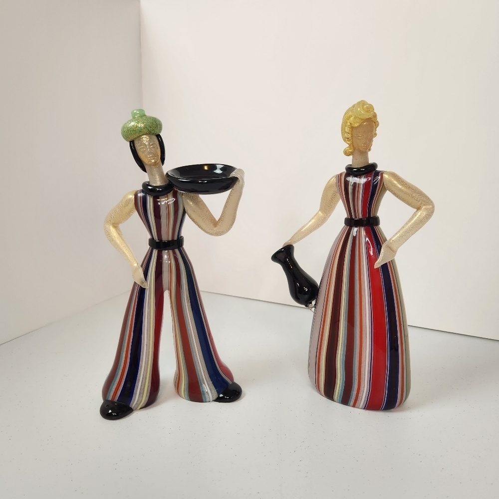 Ercole Barovier Murano Glass Figures man Woman Vintage Rainbow Ribbon 1950s